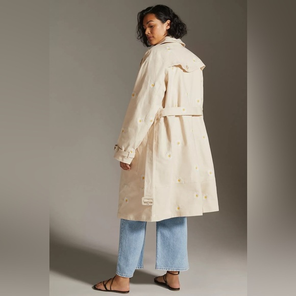 Anthropologie Maeve Embroidered Daisy Trench Coat Size 22 Cotton Hemp - Picture 4 of 16